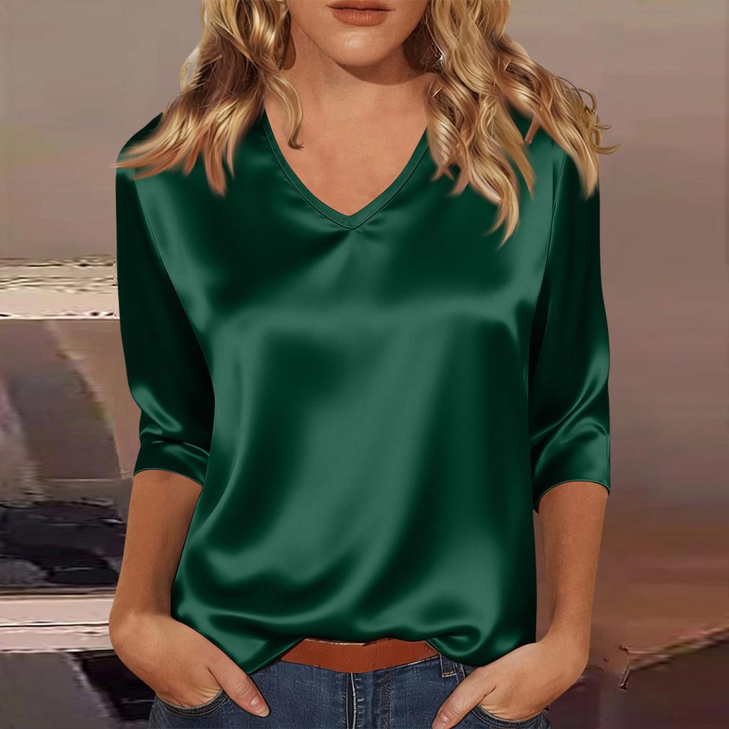 Women's V-neck Three-quarter Sleeve Satin Shirt Top, Lightweight For Spring And Summer