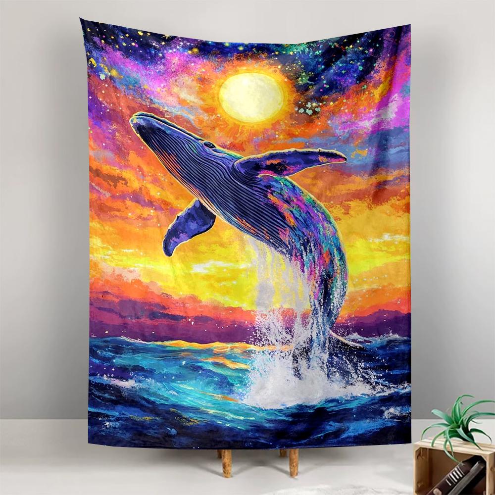Colorful Whale Jumping in Sunset Ocean Patterned tapestry for bedroom and living room home decor