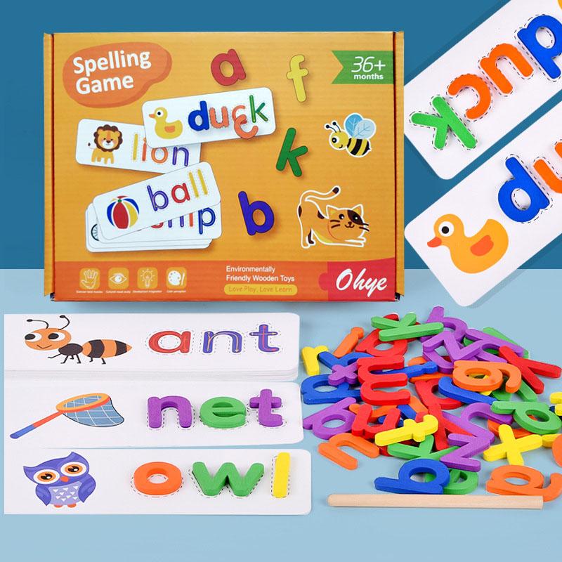 

52pcs English Alphabet Spelling Word Wooden Educational Toys for Kids Baby Puzzles Montessori Games with 28pcs Learning Cards