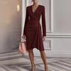 2025 Autumn Winter Women's Wrap V-Neck Bodycon Dress, Belted Waist Solid Color Long Sleeve Midi Dress for Office & Formal Party