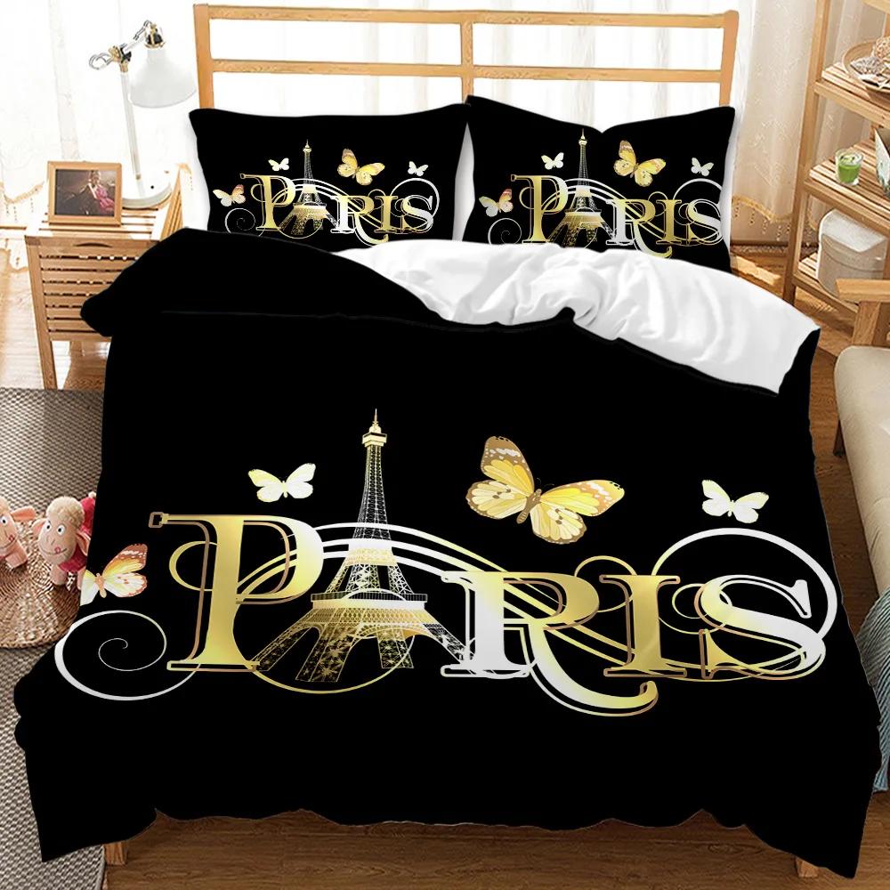 Paris Eiffel Tower Duvet Cover Set Floral Paris Landmark Eiffel Tower King Bedding Set Romantic Couple Polyester Comforter Cover 70x133cm 2pcs