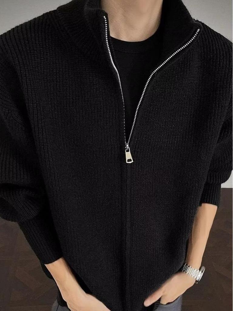 Men's Korean Knit Cardigan Jacket - Autumn/Winter Trend, Solid Stand Collar Sweater, High-End Feel, Lazy Style.