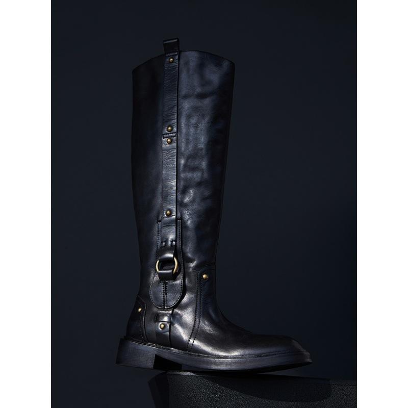 Cowhide version~ High tube temperament metal buckle but knee knight boots women's black leather thick heel side zipper boots