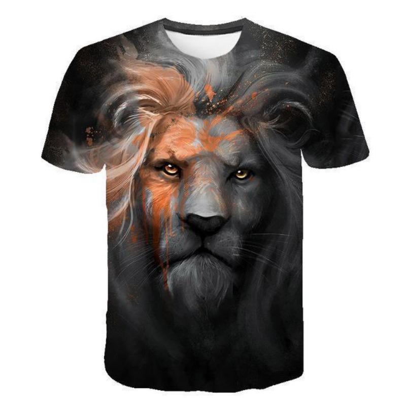 Men s 3D Luminous Lion Printed T-shirt Casual Short Sleeved Round Neck Breathable Polyester Fabric Summer Style XS
