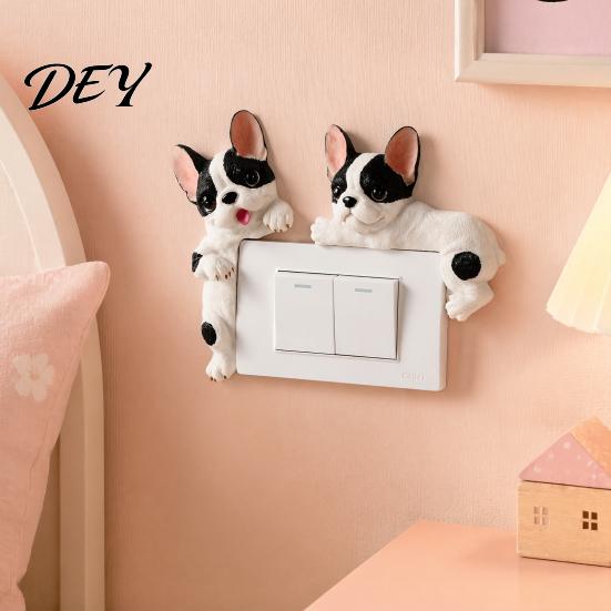 Cute Frenchie Room Decor 3D French Bulldog Resin Light Switch Cover, Cartoon Dog Wall Socket Art Decal Decor, Self-Adhesive Animal Plate Sticker
