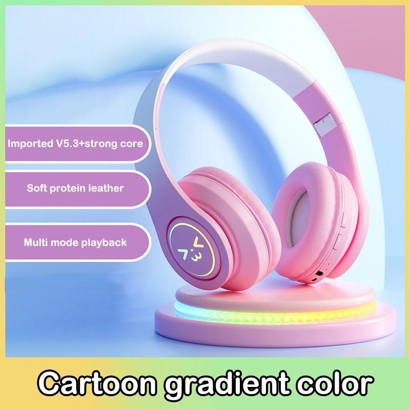 Cute Bluetooth Headphones Gradient Color Gaming Headphones Over-Ear Wireless Headset With Led Flashing, Lightweight Head-Mounted