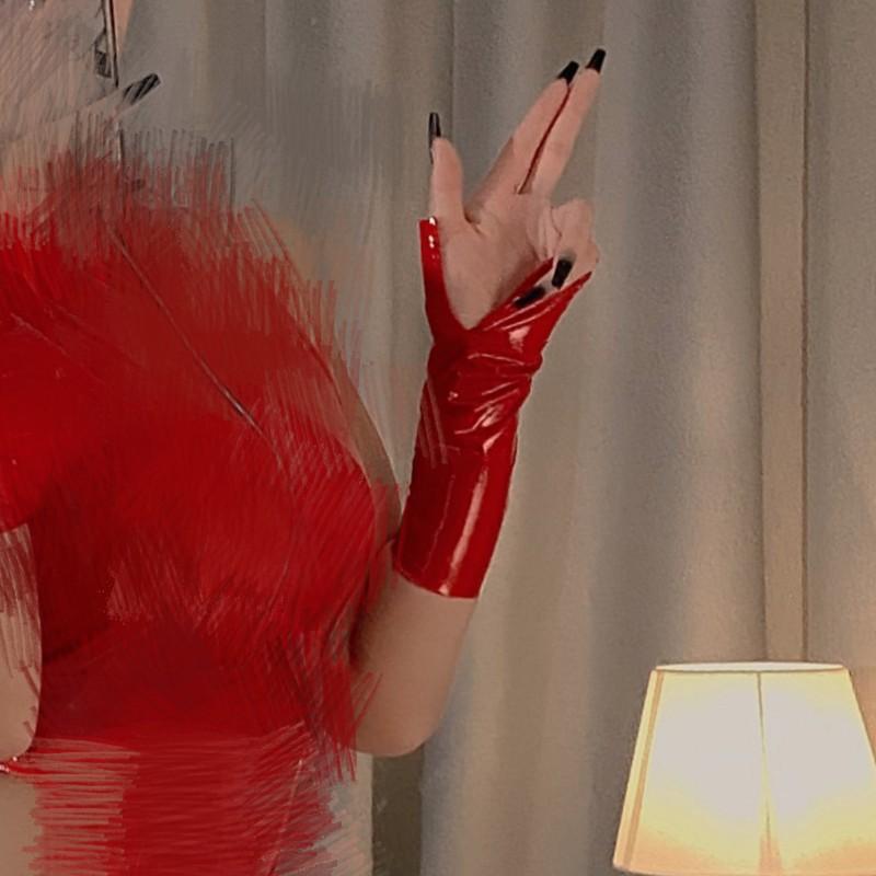 Fun patent leather leaking finger short gloves halloween gloves cosplay costumes punk performance gloves
