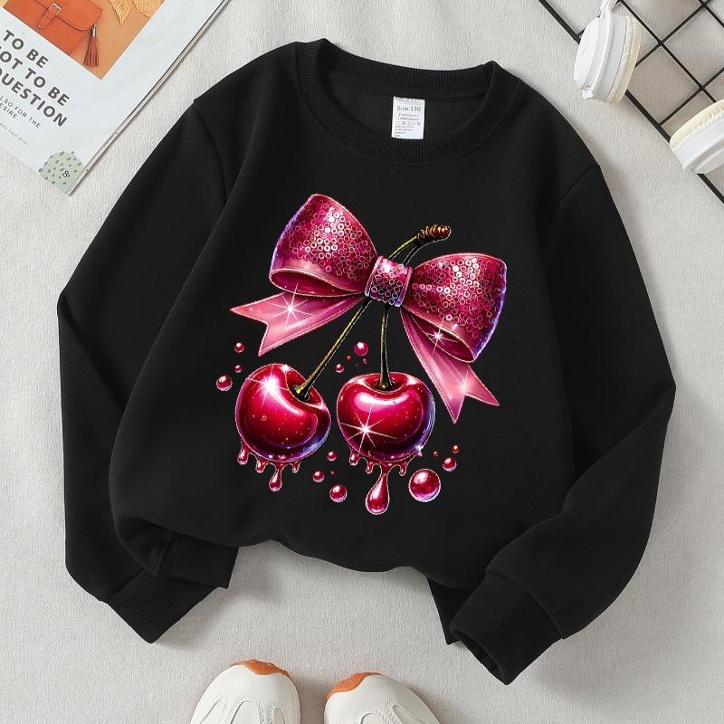 Kids Crewneck Long Sleeve Sweatshirt,Shiny Cherries with Sparkle Bow Print 110 чёрный