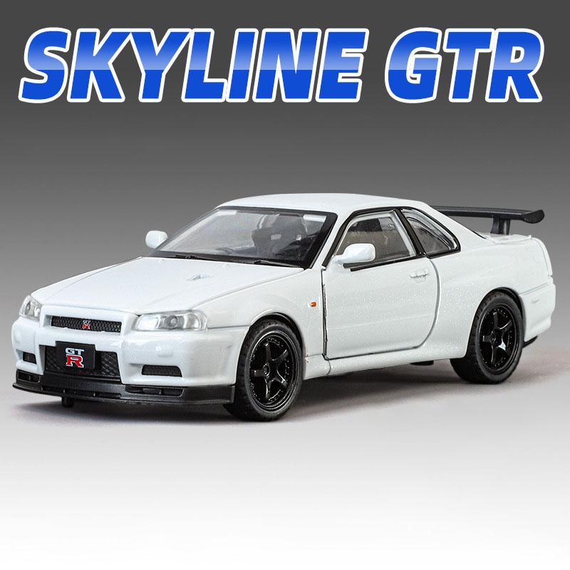 1:32 Scale SKYLINE GTR R34 Sports Car Model Toy Metal Diecast Pull Back Light Music 4 Doors Opened Vehicles Ornaments Gifts
