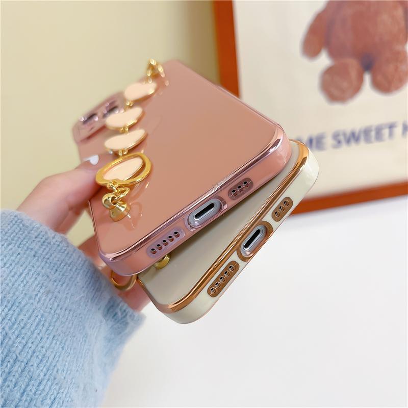 Luxury Plating Love Heart Wrist Bracelet Phone Case For iPhone 15 14 13 12 11 Pro Max X XR XS 7 8 Plus SE Soft Cover With Chain