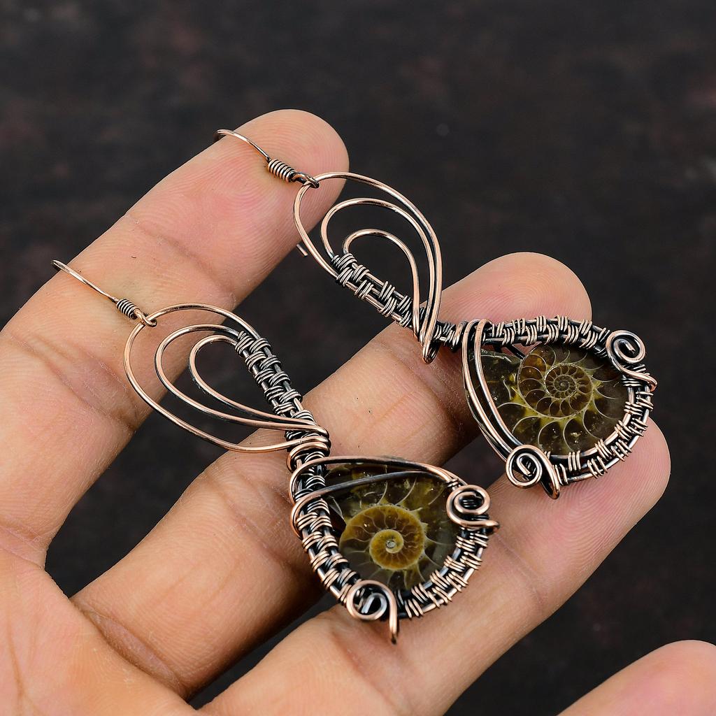 Ammonite Fossil Earrings Copper Wire Wrapped Earrings Copper Jewelry Gemstone Earring Handmade Wire Wrapped Jewelry Drop Earrings For Gift