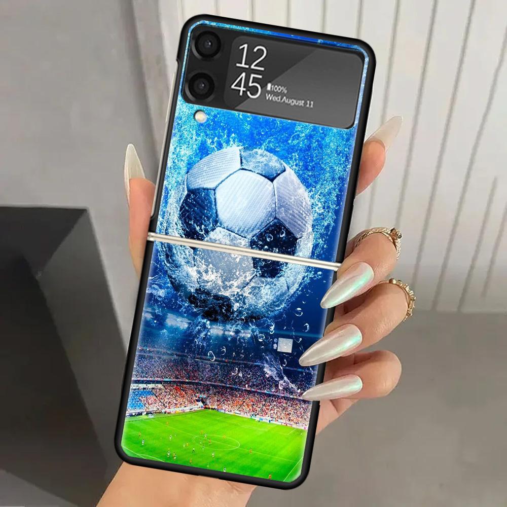 Football Soccer Ball Design Hard PC Phone Case For Samsung Galaxy Z Flip 6 5 4 3 Black Cover ZFlip6 Flip5 Flip4 5G Foldable Prin