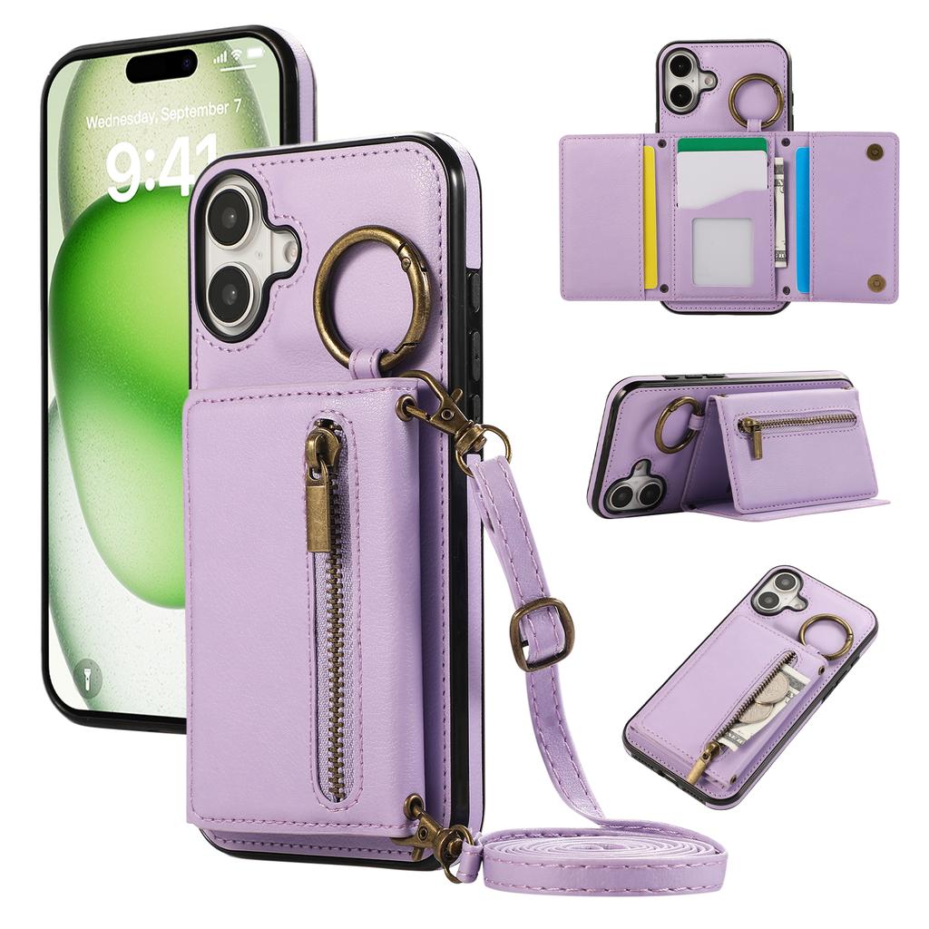 For iPhone 16 Leather Back Cover Zipper Wallet Kickstand Phone Case with Shoulder Strap