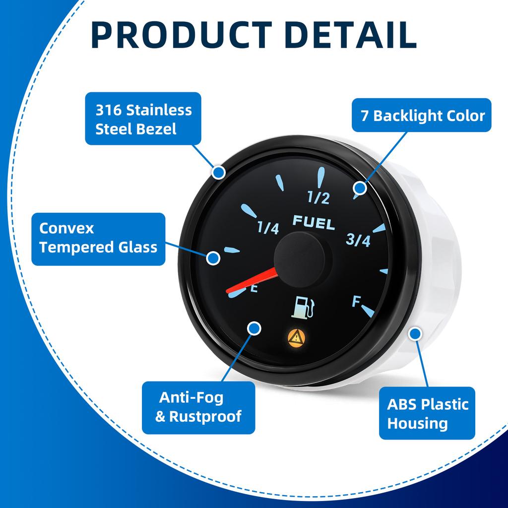 7 Color Backlight 52mm Fuel Level Gauge With Flashing Alarm 0-190ohm 240-33ohm 0-90ohm Oil Tank Meter Digital pointer Gauge