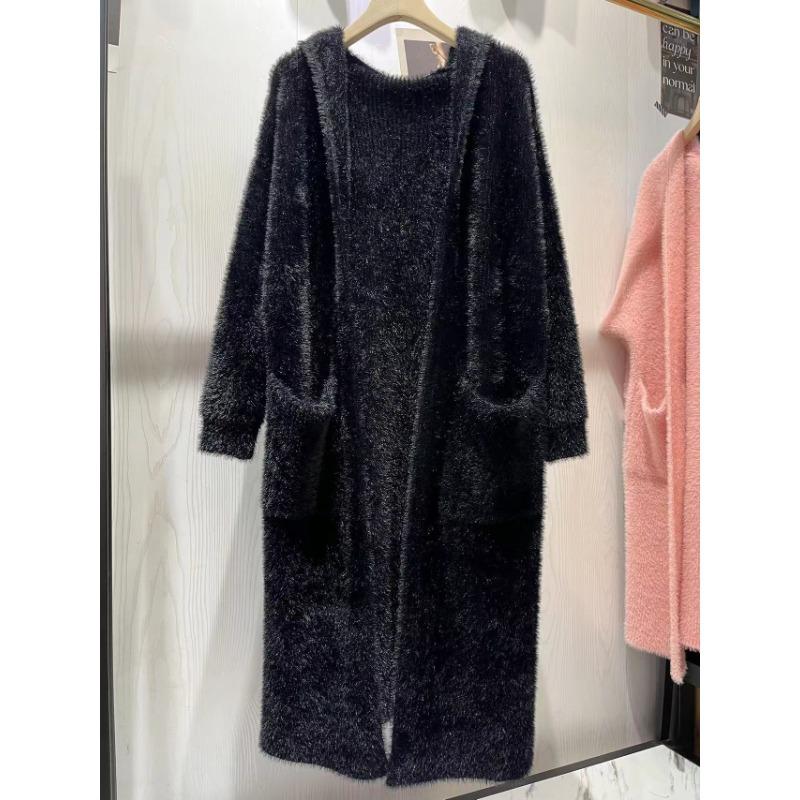 

Осень и зима новый длинный кардиган из анти-норкового флиса, вязаный, с капюшоном, пальто, свободный, ленивый ветер, свитер-жакет, женский one size fits all чёрный