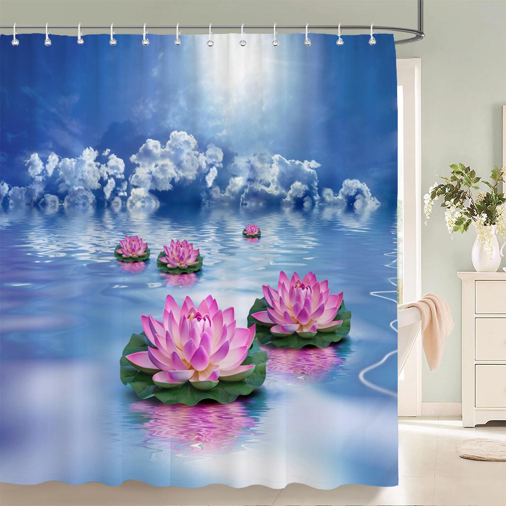 3D Flower Bamboo Pebble Water Green Plant Shower Curtain Waterproof Polyester Curtain Home Decoration Shower Curtain Zen Curtain