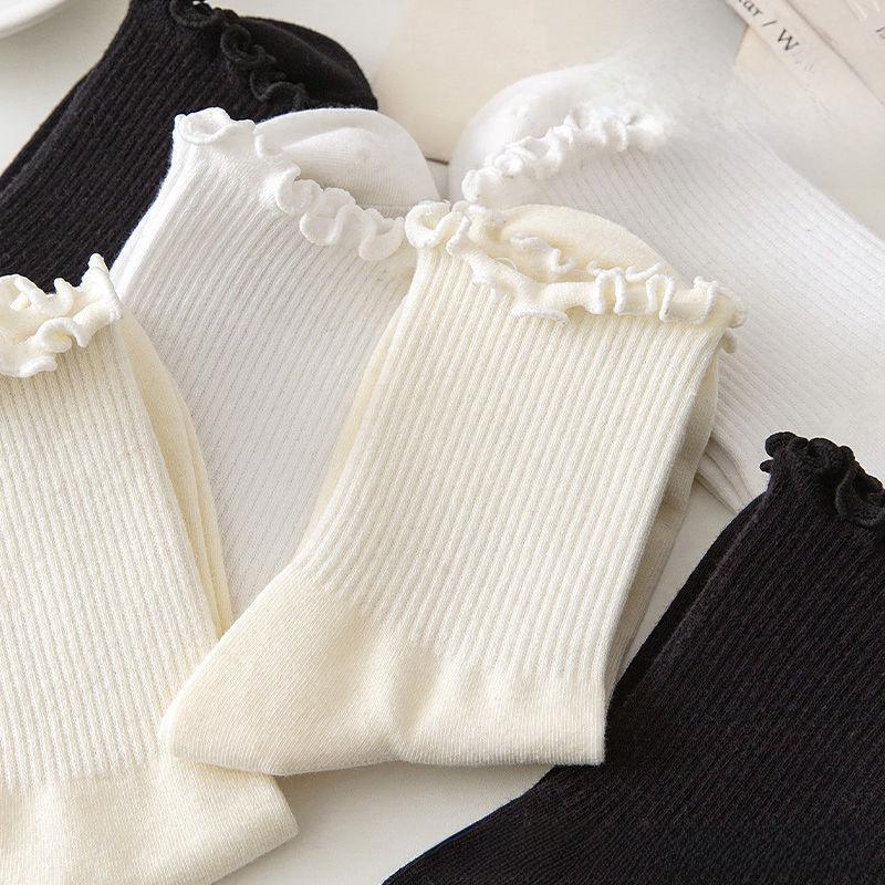 Women's White Lace Mid-Tube Socks with Wooden Edge - All-Season Mary Jane Style, Perfect for Spring and Autumn with JK Japanese Design.