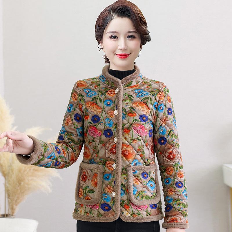 Winter Fashion Cotton Coat for Middle-Aged and Elderly Mothers, Plus Velvet Warmth, Slimming Style