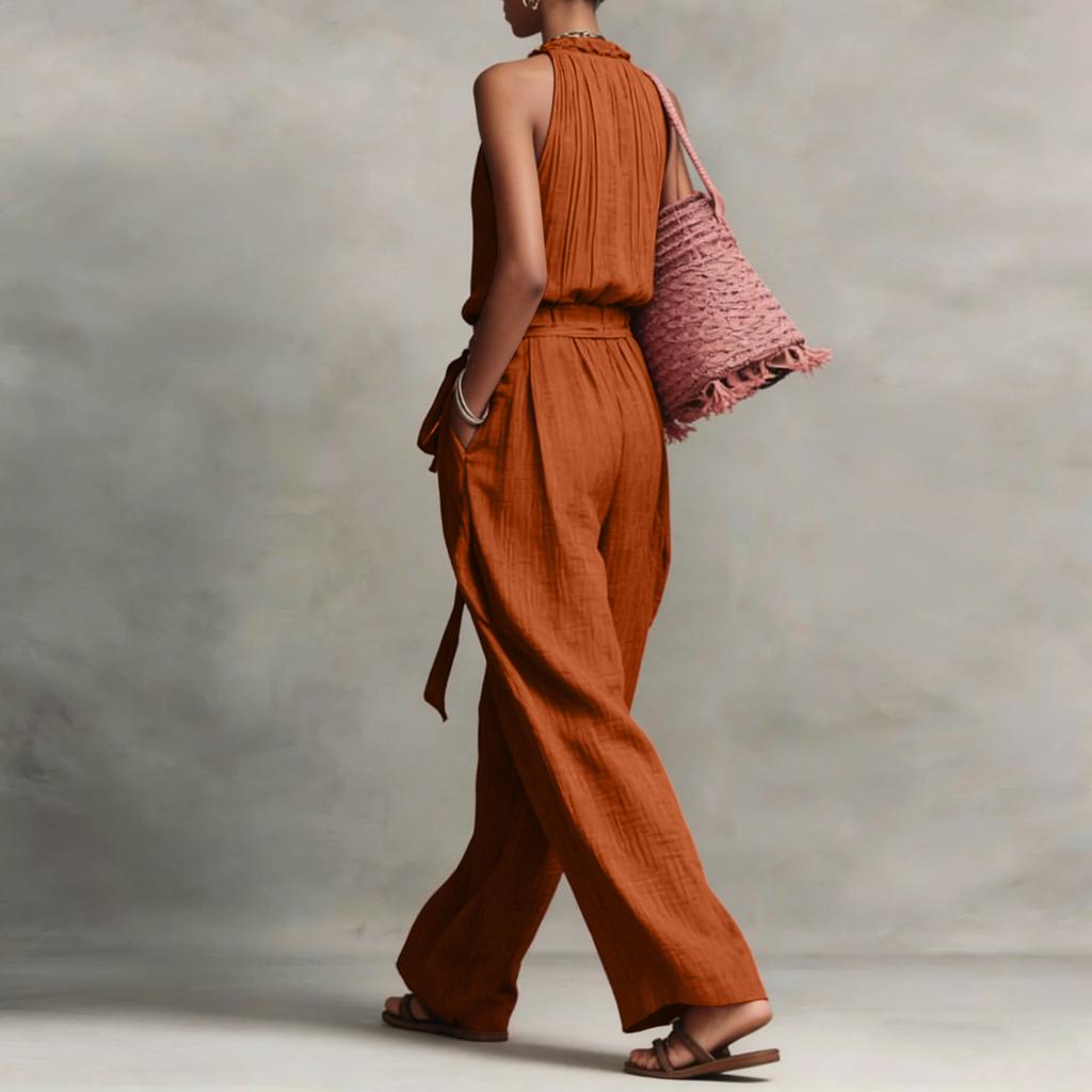 Sleeveless Neck Wide Leg Jumpsuit with Adjustable Waist Tie and Pleated Detailing for Women Casual Style