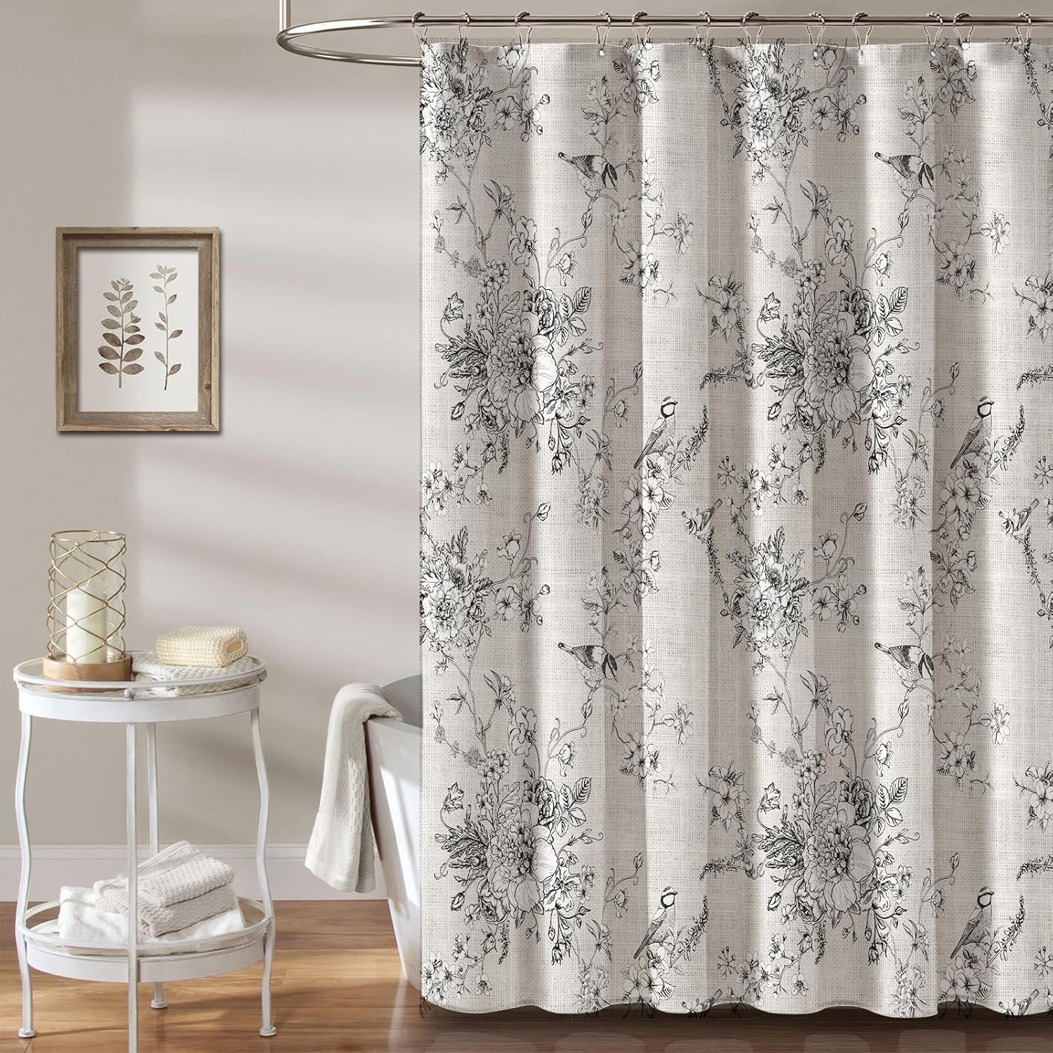 MUGINYU Black Vintage Floral Shower Curtain - Bird & Leaf Print, Farmhouse Rustic Design, French Country Bath Decor W90XH180cm