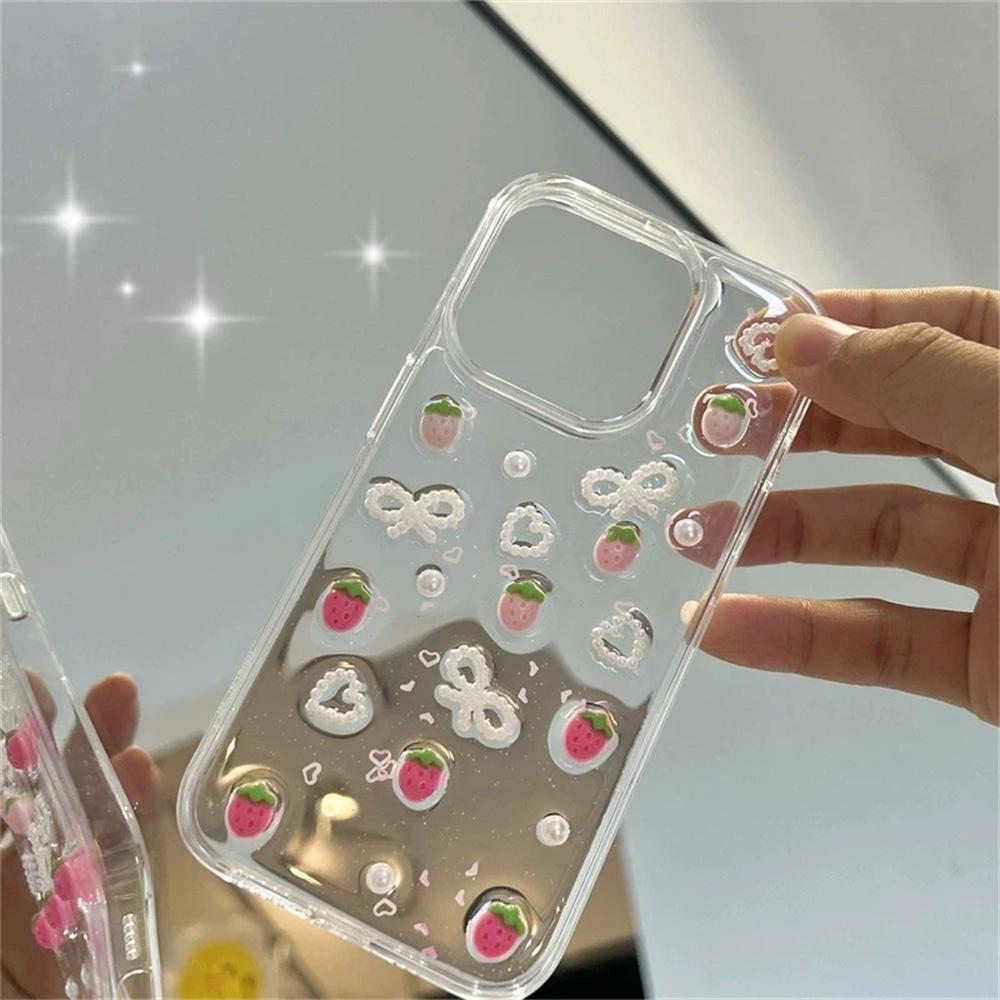 Cute 3D Strawberry Glitter Case For Iphone 17 Air 16 14 13 11 Pro Max 15 Plus 12 Mini X XR XS Bowknot Pearl Epoxy Clear Cover