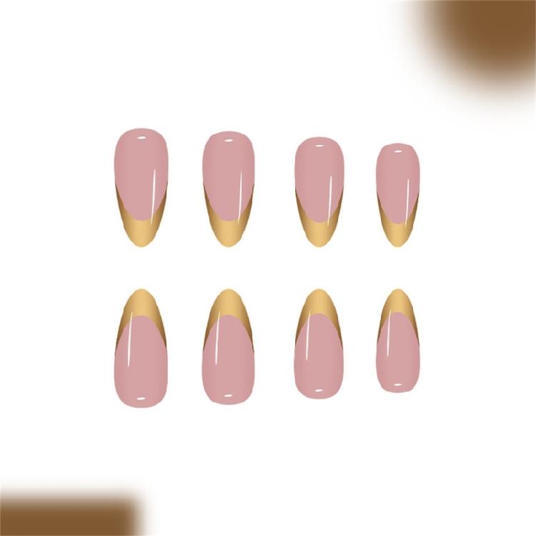 24PCS Long Almond Press On Nail Gold French Tips Fake Nail Comfortable Fit Longwear for Costume Parties Manicure