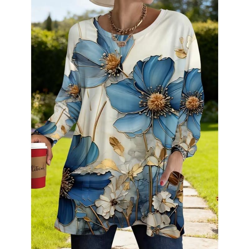 Women's long-sleeved round-neck T-shirt, suitable for spring, autumn and winter seasons. It has pockets and print designs. machine washable.