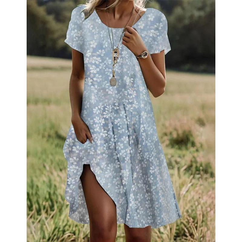Summer Vintage Bohemian Ethnic Women's Dress - Oversized Round Neck Midi Length Breathable Loose Dress