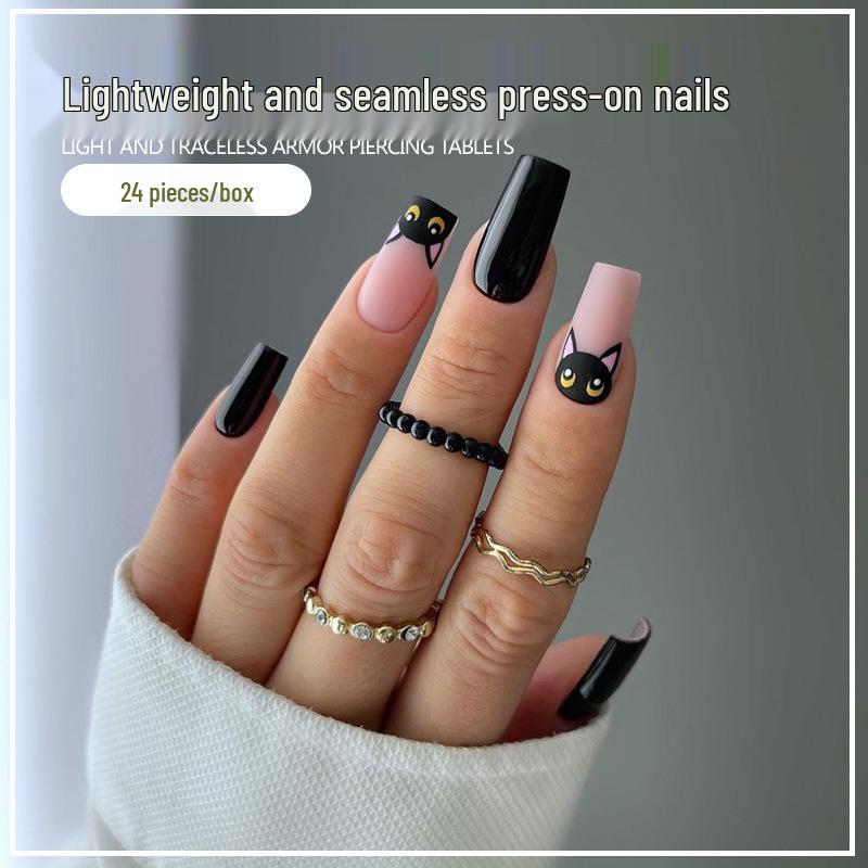 

Cross-Border Hot-Selling Black Kitten Reusable Wearable Nail Tips Gold Plated Seal Gel