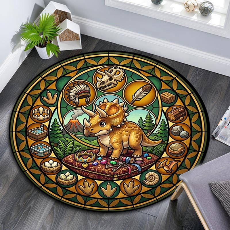 Dinosaur Adventure Mandala Round Area Rug Under Office Chairs Bedroom Living Room Home Decor