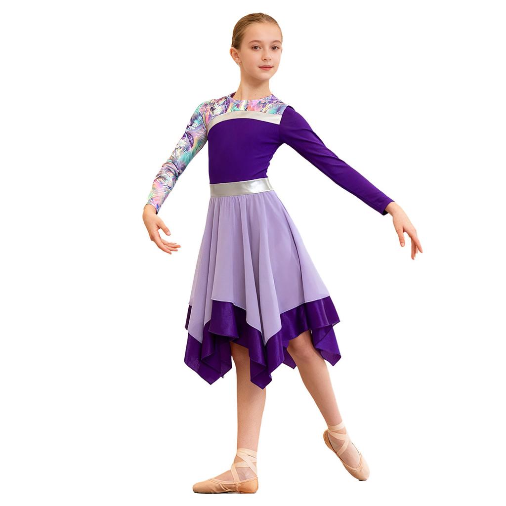 Girls Contemporary Worship Dance Dress: Long Sleeve with Invisible Zipper Back, Stylish Printed Patchwork & Color Block Irregular Hem