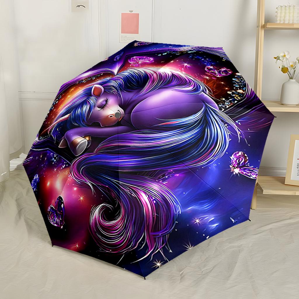 Astral Magic Forest Unicorn Portable Automatic Umbrella Compact 8 Rib Design Durable Plastic Iron Perfect for Outdoor Adventures Fashionable