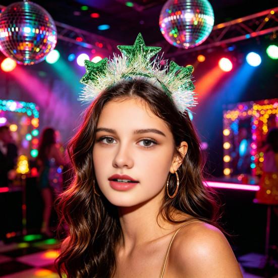 Colorful Rain Silk Star Crown Headband with Sparkly Sequins, 3D Glitter Hair Hoop Decorative Headwear for Wedding Christmas New Year Birthday,