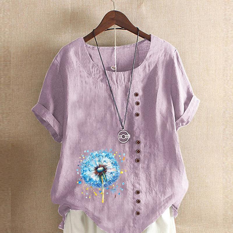 Women's Fashion Blue Dandelion Prined Short Sleeve T-shirt Loose Cotton Shirt Casual Loose Summer Blouse Tops Plus Size