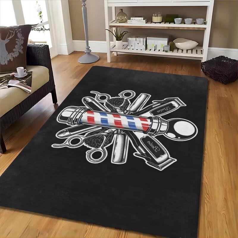 

Flannel Printed Barber Tools Rug Black White Red Blue Pattern Barbershop Theme Decor Soft Floor Mat For Salon And Man Cave Home 60x90cm