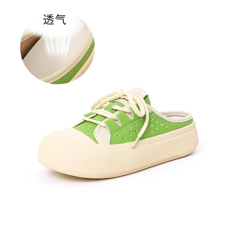 Leather slippers women's 2025 summer new girls wear fashion shoes breathable half slippers retro beach shoes