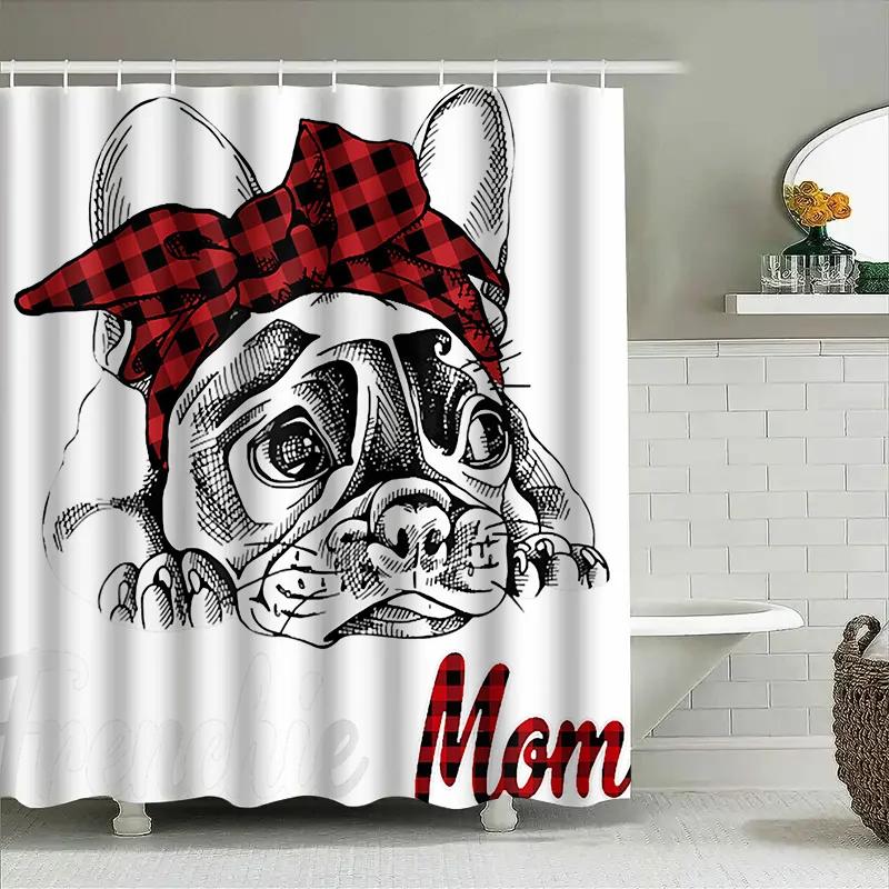 Adorable French Bulldog Mom Shower Curtain Red Plaid Headband Pet Art Decoration For Bathroom
