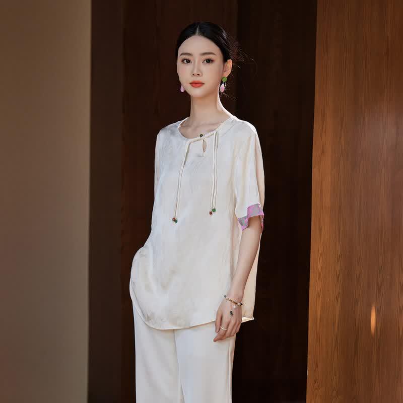 Women s New Chinese Style Short Sleeve Pullover Blouse L бежевый