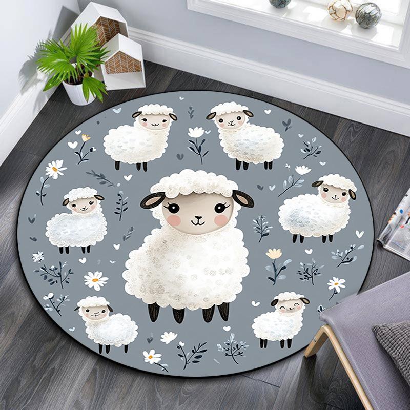 Cute Sheep Round Area Rug,Carpet Rug for Living Room Bedroom Sofa Playroom Decor,Non-slip Floor Mat