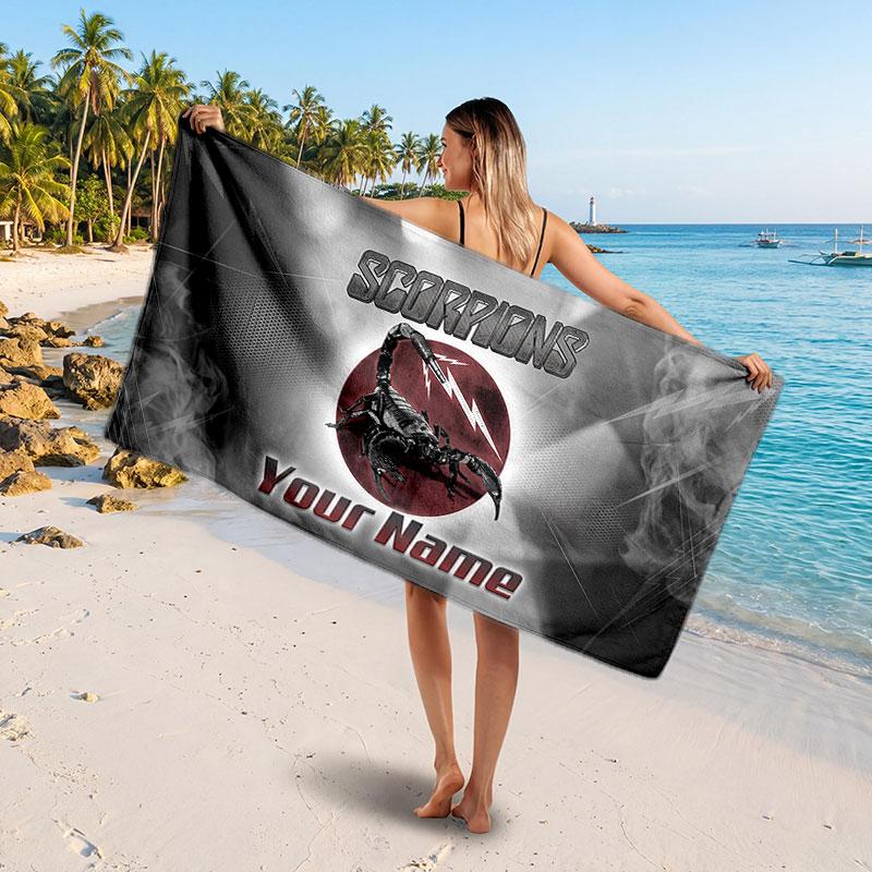 Scorpions Customized Name Text Beach Towel, Soft Absorbent Towel Beach Pool Travel Personal Gift