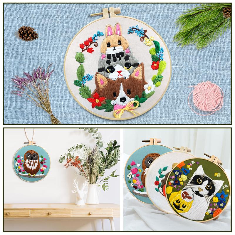 4pcs Cotton Linen Animal Styling Embroidery  Fabric  Kit Diy Material Package 20cm Bamboo Embroidery