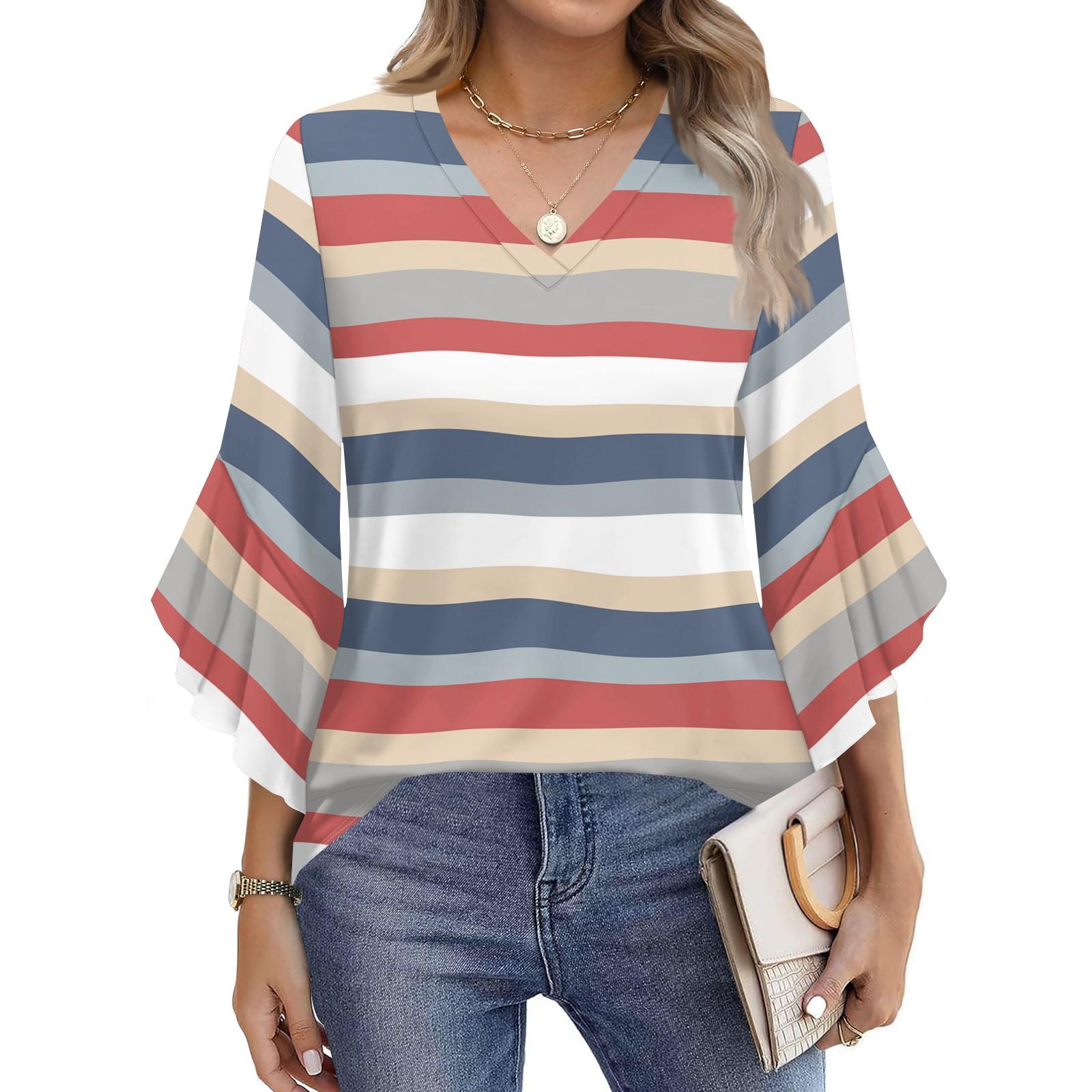 

Blouses For Women Dressy Casual 3/4 Length Sleeve Womens Tops V Neck Tshirts Shirts With Flared Sleeve M красный