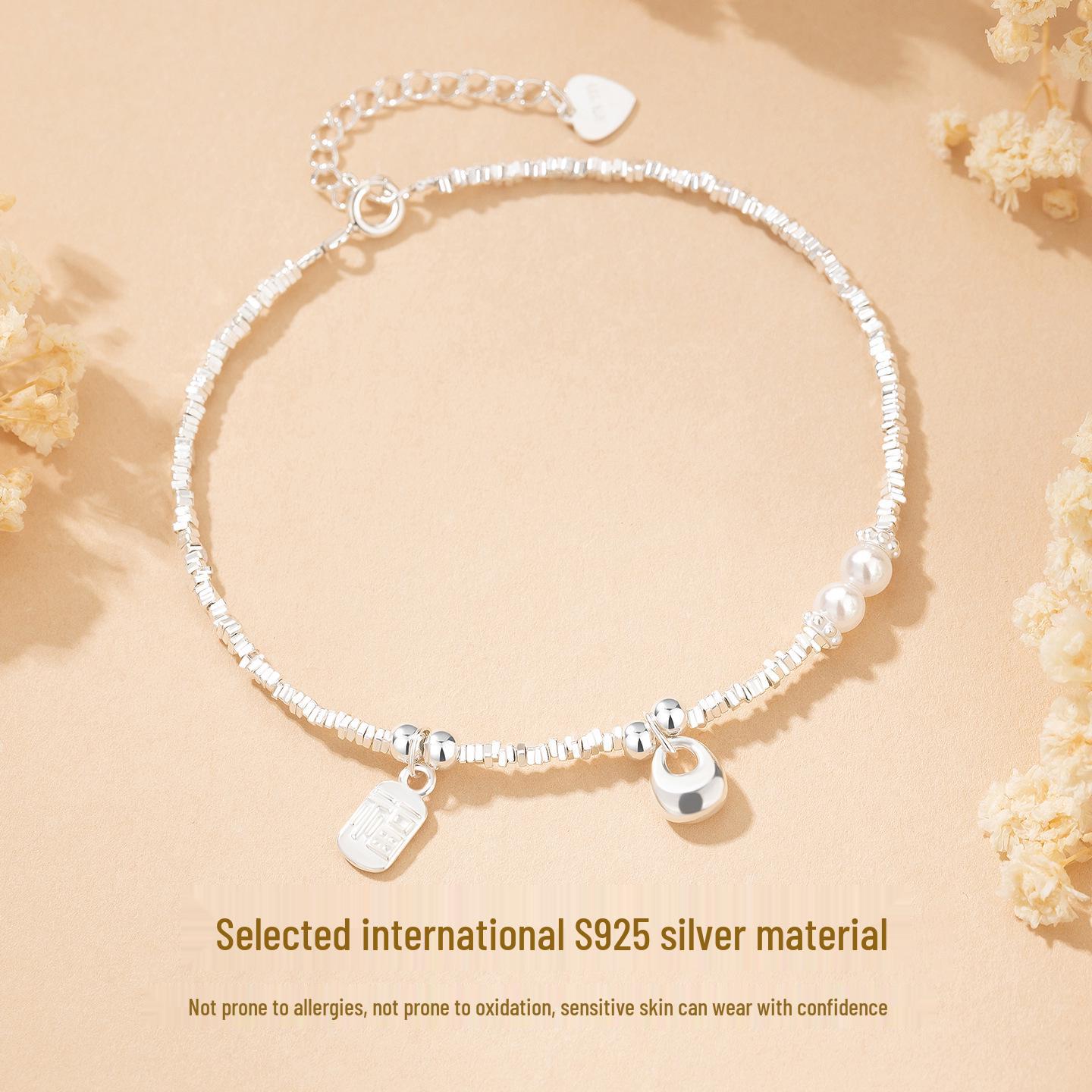 

Pearl Crushed Silver Fu Fu Sterling Silver Ingot Bracelet: Exquisite High-End Beaded Bracelet, Ideal Birthday Gift 925 Silver