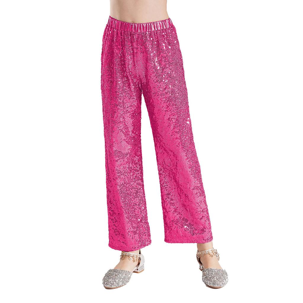 Girls Shiny Sequin Pants High Waist Elastic Waistband Loose Trousers Jazz Dance Performance Trousers
