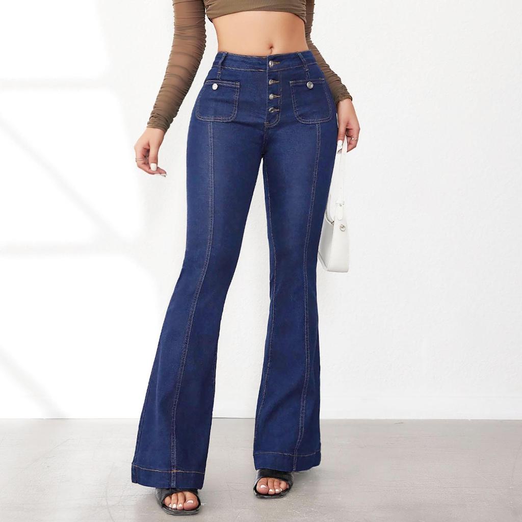 Ladies Fashion Breasted High-Waisted Jeans Ladies Slim Temperament Bell-Bottom Trousers Trousers