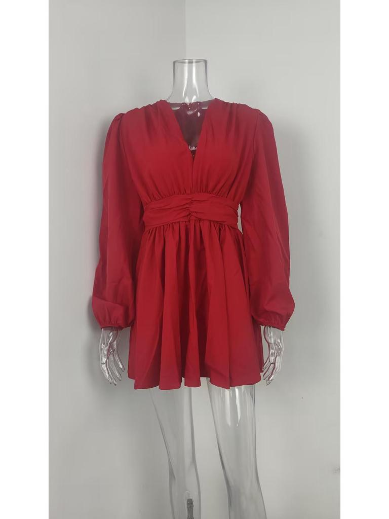 2026 Spring Elegant French V-Neck Waist-Cinched Dress for Women