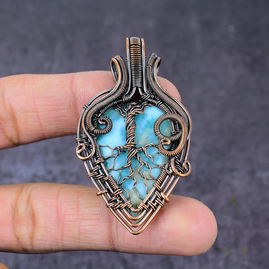 Natural Caribbean Larimar Copper Wire Wrap Tree Of Life Pendant 2.36" f0Y14