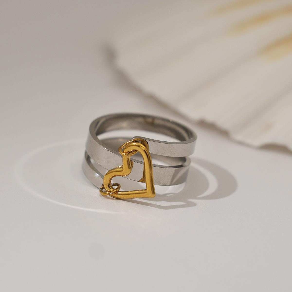 Stainless Steel Double-Layer Ring Women Golden Heart Hollow Ring Minimalist Stylish Design for Party Banquet Jewelry Accessories
