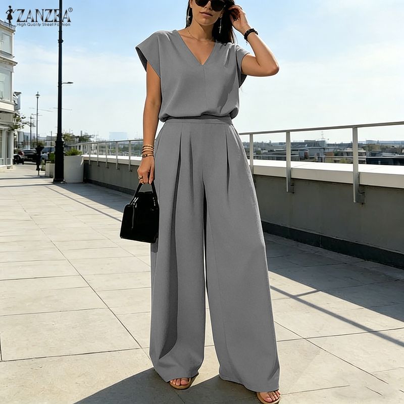 ZANZEA Women Short Sleeve Blouse and Long Pants Summer Two Piece Suit Sets