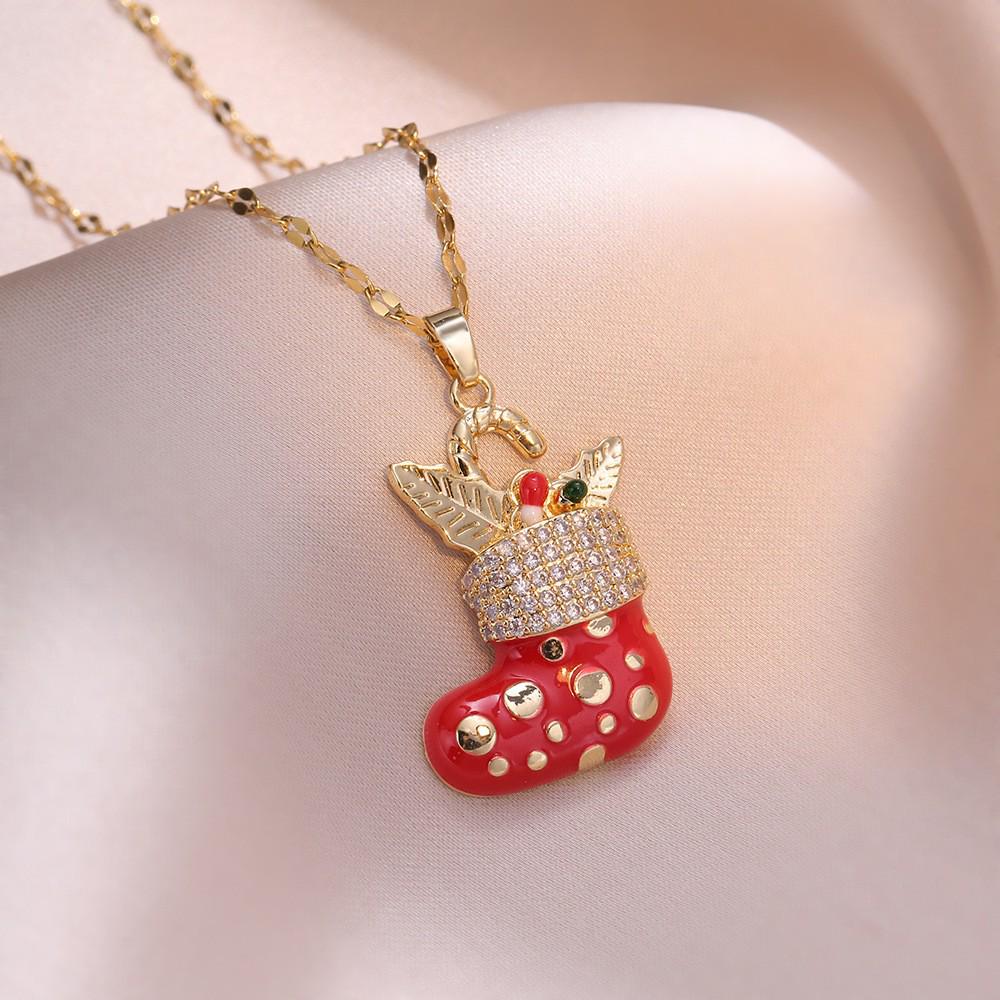 Women's New Year Zircon Clavicle Necklace - Christmas Red Sock Charm with Micro-Paved Zircon.